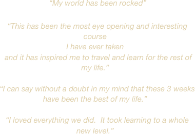   “My world has been rocked”
  “This has been the most eye opening and interesting course 
I have ever taken   and it has inspired me to travel and learn for the rest of my life.”
  “I can say without a doubt in my mind that these 3 weeks have been the best of my life.”
  “I loved everything we did.  It took learning to a whole new level.”